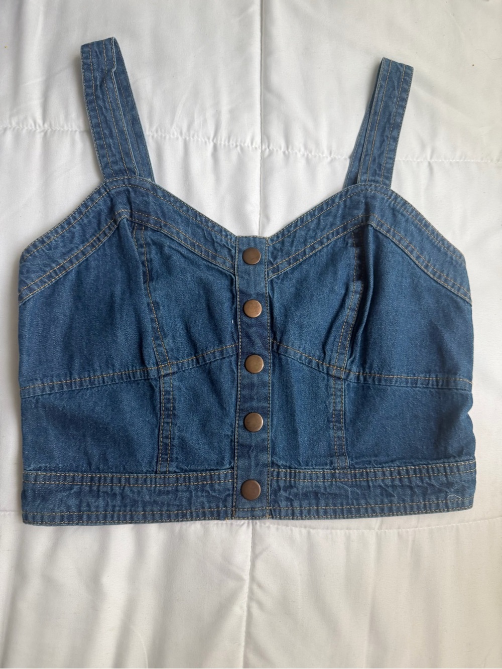 Denim Button-Front Crop Tank Top - Blue